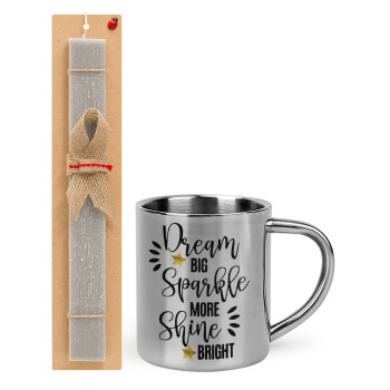 Dream big, Sparkle more, Shine bright, Easter Set, metallic thermal cup (300ml) & Easter aromatic flat candle (30cm) (GRAY)