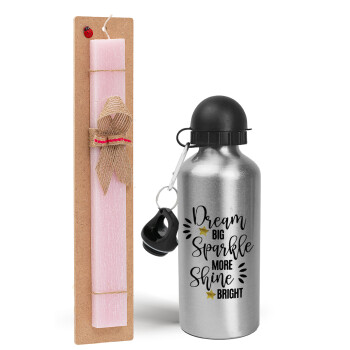 Dream big, Sparkle more, Shine bright, Easter Set, metallic Silver aluminum water bottle (500ml) & scented flat Easter candle (30cm) (PINK)