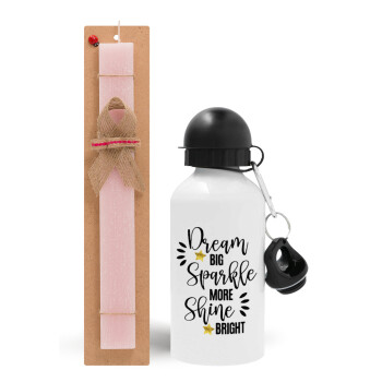 Dream big, Sparkle more, Shine bright, Easter Set, metallic aluminum bottle (500ml) & aromatic flat Easter candle (30cm) (PINK)