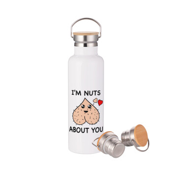 I'm Nuts About You, Μεταλλικό παγούρι θερμός (Stainless steel) Λευκό με ξύλινο καπακι (bamboo), διπλού τοιχώματος, 750ml