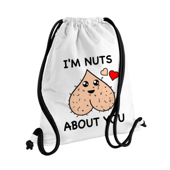 I'm Nuts About You, Τσάντα πλάτης πουγκί GYMBAG λευκή, με τσέπη (40x48cm) & χονδρά κορδόνια