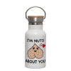 Metallic thermos (Stainless steel) White with wooden lid (bamboo), double-walled, 350ml