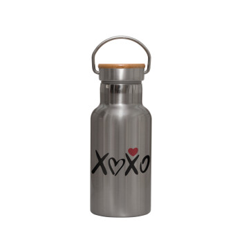 xoxo, Stainless steel metallic thermos flask, silver with a bamboo lid, double-walled, 350ml.