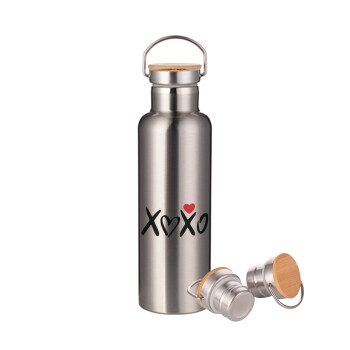 xoxo, Μεταλλικό παγούρι θερμός (Stainless steel) Ασημένιο με ξύλινο καπακι (bamboo), διπλού τοιχώματος, 750ml