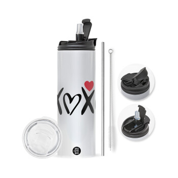 xoxo, Travel Tumbler θερμό με διπλό καπάκι, μεταλλικό καλαμάκι και βούρτσα καθαρισμού (Ανωξείδωτο 304 Food grade, BPA free, 600ml)