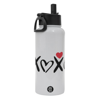 xoxo, Metal mug thermo White with Straw and Spout Lid (Stainless steel), double wall, 950ml