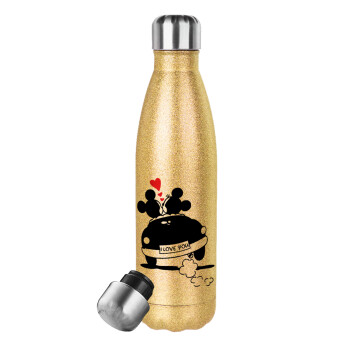 Love Car, Glitter gold stainless steel thermos bottle, double-walled, 500ml