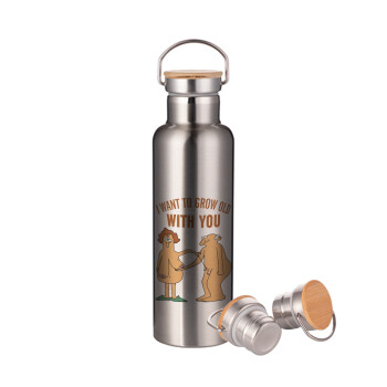 I want to grow old with you, Stainless steel Silver with wooden lid (bamboo), double wall, 750ml