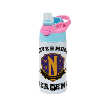 Wednesday Nevermore Academy University, Children's hot water bottle, stainless steel, with safety straw, Pink/BlueCiel (360ml) BPA FREE