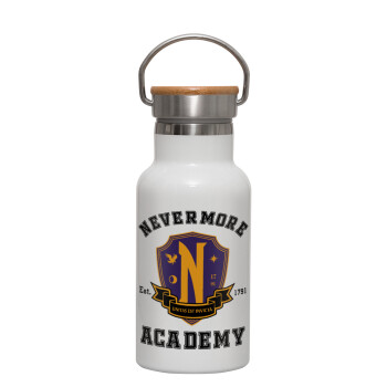 Wednesday Nevermore Academy University, Metallic thermos (Stainless steel) White with wooden lid (bamboo), double-walled, 350ml