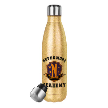 Wednesday Nevermore Academy University, Glitter gold stainless steel thermos bottle, double-walled, 500ml