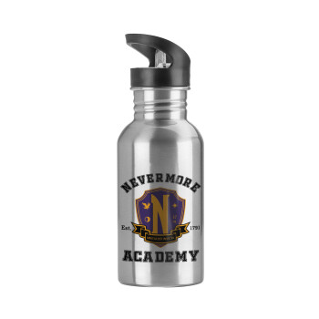 Wednesday Nevermore Academy University, Water bottle Silver with straw, stainless steel 600ml