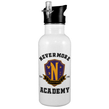 Wednesday Nevermore Academy University, White water bottle with straw, stainless steel 600ml