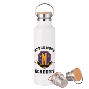 Wednesday Nevermore Academy University, Stainless steel White with wooden lid (bamboo), double wall, 750ml