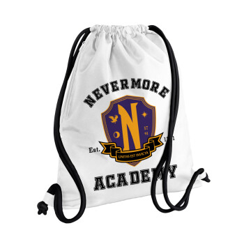 Wednesday Nevermore Academy University, Τσάντα πλάτης πουγκί GYMBAG λευκή, με τσέπη (40x48cm) & χονδρά κορδόνια