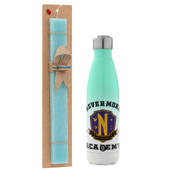 Wednesday Nevermore Academy University, Easter Set, Metallic green/white thermos (Stainless steel), double-walled, 500ml & scented flat Easter candle (30cm) (TURQUOISE)