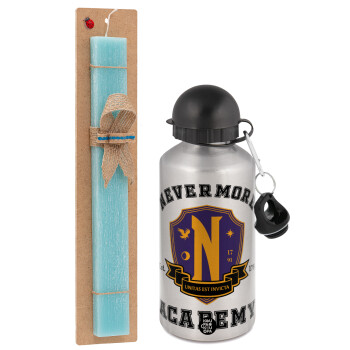 Wednesday Nevermore Academy University, Easter Set, metallic silver aluminum water bottle (500ml) & scented flat Easter candle (30cm) (TURQUOISE)