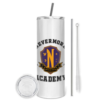 Wednesday Nevermore Academy University, Tumbler ποτήρι θερμό από ανοξείδωτο ατσάλι 600ml, με μεταλλικό καλαμάκι & βούρτσα καθαρισμού