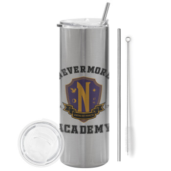 Wednesday Nevermore Academy University, Tumbler ποτήρι θερμό Ασημένιο από ανοξείδωτο ατσάλι 600ml, με μεταλλικό καλαμάκι & βούρτσα καθαρισμού