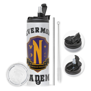 Wednesday Nevermore Academy University, Travel Tumbler θερμό με διπλό καπάκι, μεταλλικό καλαμάκι και βούρτσα καθαρισμού (Ανωξείδωτο 304 Food grade, BPA free, 600ml)