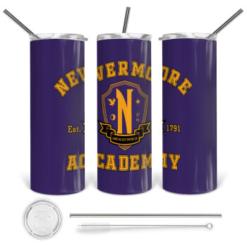 Wednesday Nevermore Academy University, 360 Eco friendly ποτήρι θερμό (tumbler) από ανοξείδωτο ατσάλι 600ml, με μεταλλικό καλαμάκι & βούρτσα καθαρισμού