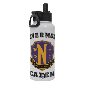 Wednesday Nevermore Academy University, Metal mug thermo White with Straw and Spout Lid (Stainless steel), double wall, 950ml