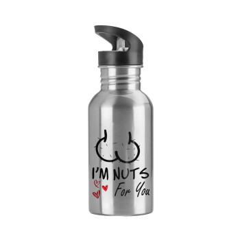 I'm Nuts for you, Water bottle Silver with straw, stainless steel 600ml