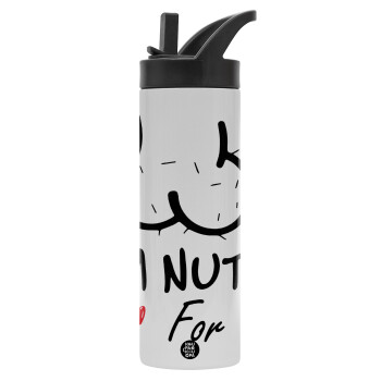 I'm Nuts for you, Metallic thermos bottle with straw & handle, stainless steel (Stainless steel 304), double-walled, 600ml.