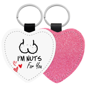 I'm Nuts for you, Μπρελόκ PU δερμάτινο glitter καρδιά ΡΟΖ