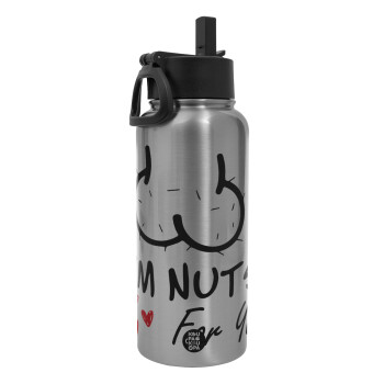 I'm Nuts for you, Metal mug thermo Silver with Straw and Spout Lid (Stainless steel), double wall, 950ml