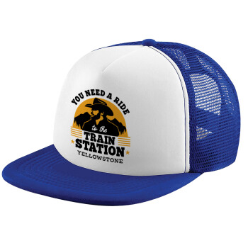 You need a ride to the train station, Adult Soft Trucker Hat with Blue/White Mesh (POLYESTER, ADULT, UNISEX, ONE SIZE)