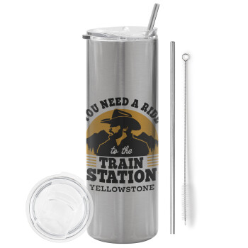 You need a ride to the train station, Eco friendly stainless steel Silver tumbler 600ml, with metal straw & cleaning brush