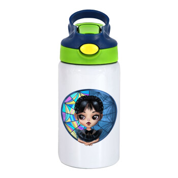 Wednesday big eyes, Children's hot water bottle, stainless steel, with safety straw, green, blue (350ml)