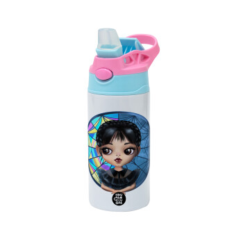 Wednesday big eyes, Children's hot water bottle, stainless steel, with safety straw, Pink/BlueCiel (360ml) BPA FREE