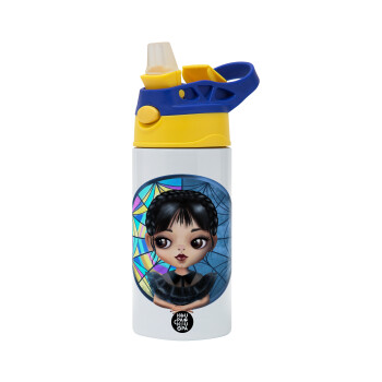 Wednesday big eyes, Children's hot water bottle, stainless steel, with safety straw, green, blue (360ml) BPA FREE