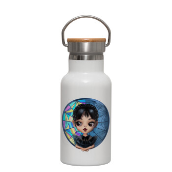 Wednesday big eyes, Metallic thermos (Stainless steel) White with wooden lid (bamboo), double-walled, 350ml