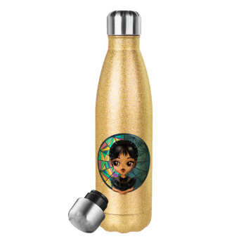 Wednesday big eyes, Glitter gold stainless steel thermos bottle, double-walled, 500ml