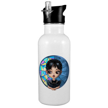 Wednesday big eyes, White water bottle with straw, stainless steel 600ml