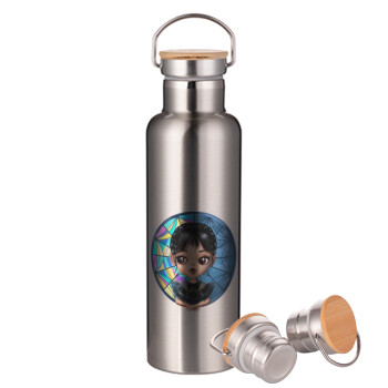 Wednesday big eyes, Stainless steel Silver with wooden lid (bamboo), double wall, 750ml