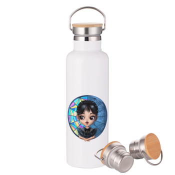 Wednesday big eyes, Stainless steel White with wooden lid (bamboo), double wall, 750ml
