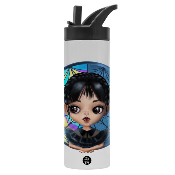 Wednesday big eyes, Metallic thermos bottle with straw & handle, stainless steel (Stainless steel 304), double-walled, 600ml.