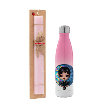 Wednesday big eyes, Easter Set, Metallic pink/white (Stainless steel) thermos, double-walled, 500ml & aromatic flat Easter candle (30cm) (PINK)