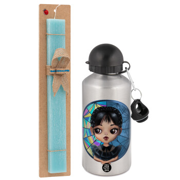 Wednesday big eyes, Easter Set, metallic silver aluminum water bottle (500ml) & scented flat Easter candle (30cm) (TURQUOISE)