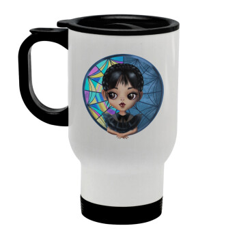 Wednesday big eyes, Stainless steel travel mug with lid, double wall white 450ml