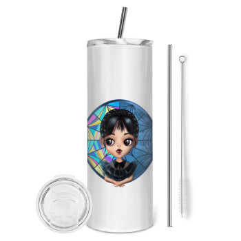 Wednesday big eyes, Tumbler ποτήρι θερμό από ανοξείδωτο ατσάλι 600ml, με μεταλλικό καλαμάκι & βούρτσα καθαρισμού