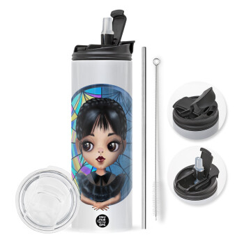 Wednesday big eyes, Travel Tumbler θερμό με διπλό καπάκι, μεταλλικό καλαμάκι και βούρτσα καθαρισμού (Ανωξείδωτο 304 Food grade, BPA free, 600ml)