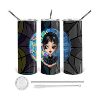 Wednesday big eyes, Tumbler ποτήρι θερμό από ανοξείδωτο ατσάλι 600ml, με μεταλλικό καλαμάκι & βούρτσα καθαρισμού