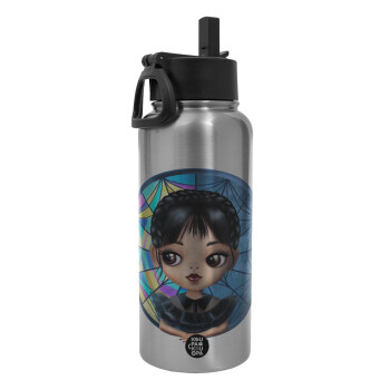 Wednesday big eyes, Metal mug thermo Silver with Straw and Spout Lid (Stainless steel), double wall, 950ml