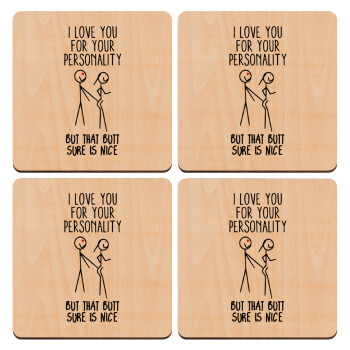 I Love you for your personality, ΣΕΤ x4 Σουβέρ ξύλινα τετράγωνα plywood (9cm)