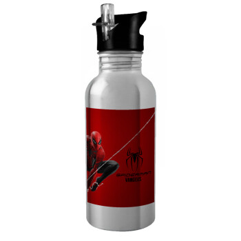 Spiderman, Water bottle Silver with straw, stainless steel 600ml